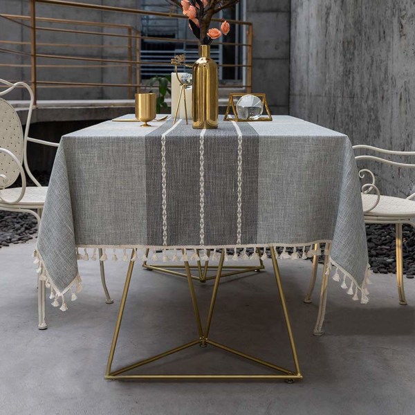 Moderne, enkle striper duk med dusk, bomullslin duk for utendørs bruk, vaskbar duk (grå striper, rektangulær/oval, 140 x 260 cm) 55×102inch
