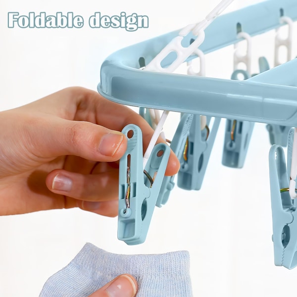 Sock Dryer med 32 klädnypor, hopfällbar strumptork, bärbar hopfällbar fyrkantig galge, roterbar torkställning, galge strumptork för strumpor, underkläder (blå)