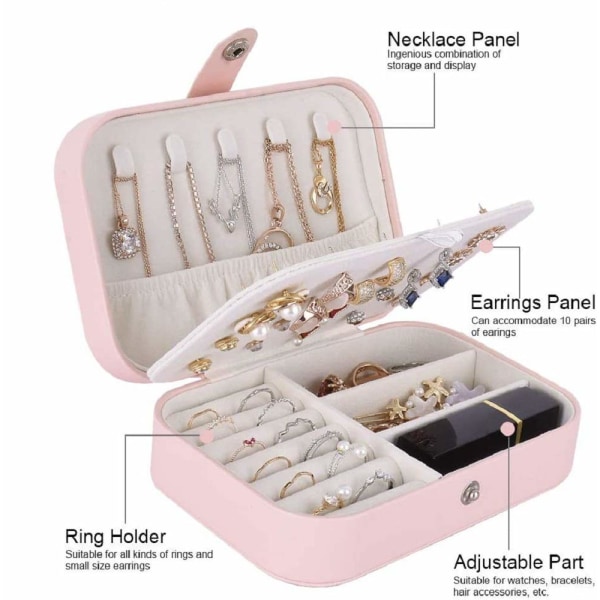 Smykkeæske, lille smykkeorganisator til rejser, opbevaringsboks til ringe, øreringe, halskæde, armbånd, premium kunstlæder smykkeskrin, pink pink