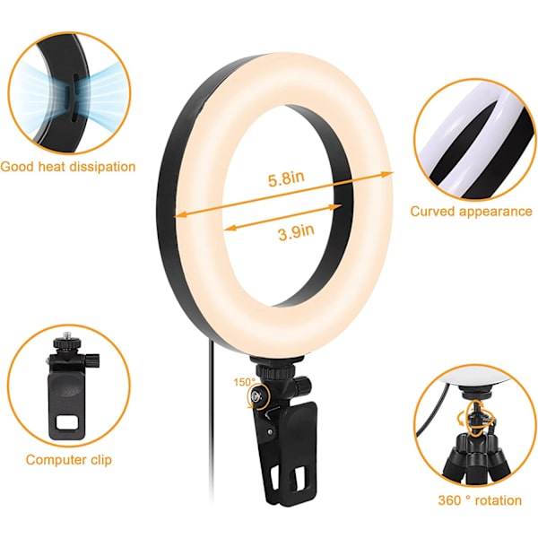 6\" LED-skrivebordsselfie-ringlys med stativ og klips