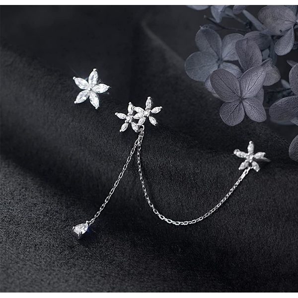 3PCS 925 Sterling Sølv CZ Manchet Øreringe Kæde Daisy Øreringe til Kvinder Daisy Blomster Øreringe Crawler Øreringe Asymmetriske Dangler Øreringe Kæde