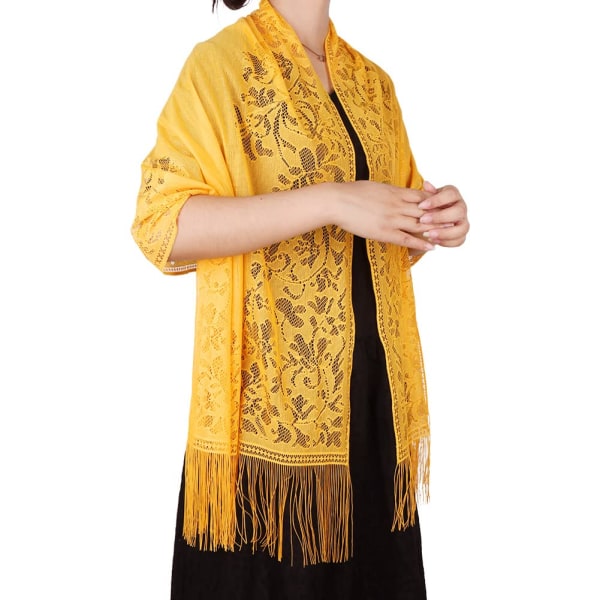 Blomstert blonderskjerf for kvinner med dusker, myk netting-frynser for bryllupsfestkjoler, gul yellow