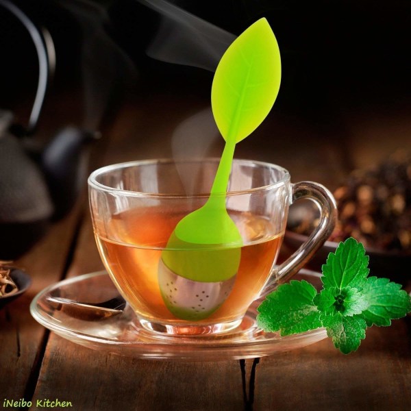 Silikone løsblads te-infuser - Langt bladformet håndtag - Rustfri stålsi, grøn (1 stk.)