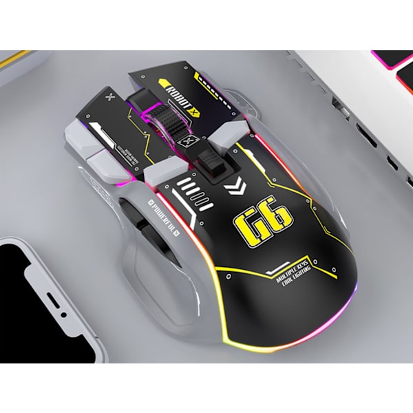 G6 Trådlös spelmus, Bluetooth-mus, 3-lägesanslutning, Mecha-stil design, 12 knappar, 11 RGB-belysning, 5 justerbar DPI, 4000 FPS, Ergonomi black