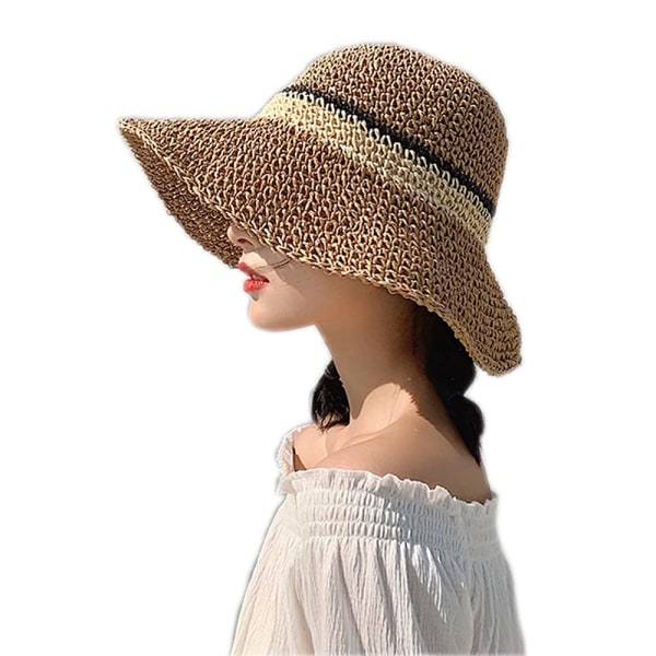 Solhatt Floppy stråhatt Bred skygge Sammenleggbar UV-beskyttelsesbøtte Sommerstrandhatt for jenter Kvinner Khaki