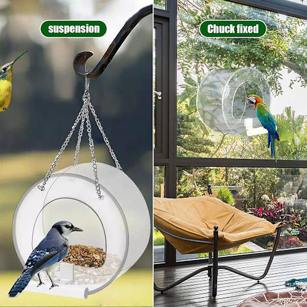 Fuglefoder Rund Akryl Transparent Vindue Fuglefoder Bakke Fugle Hus Kæledyr Feeder Sugning Kop Installation Hus
