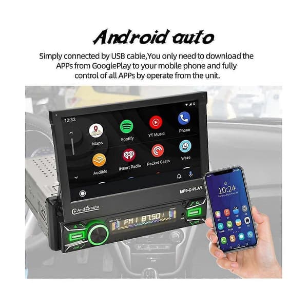 1din Bilstereo Trådlös Carplay Android Auto 7in Elektrisk Flip Ut Touch Screen Bilradio Bluetoot