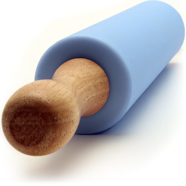 Lille non-stick silikone kagerulle med træhåndtag til bagning, mini kagerulle, fondant, pizza - blå 30 cm (12")