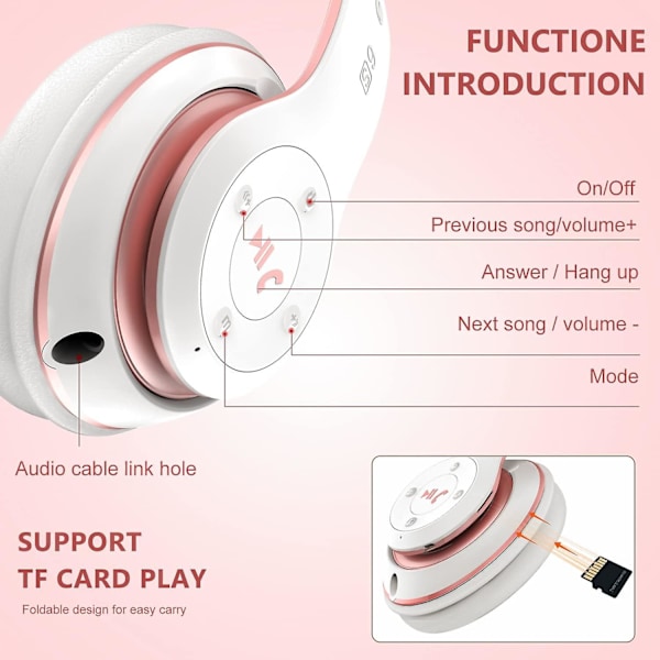 Bluetooth-hodetelefoner over øret, med HD-mikrofon, FM, Tf for PC white+pink