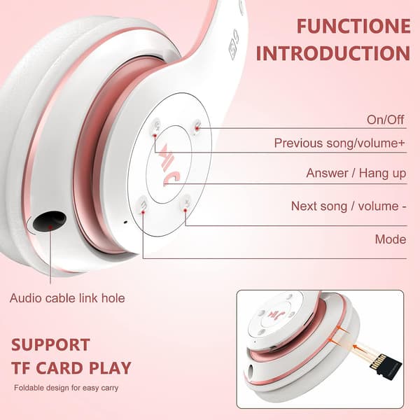 Bluetooth-hovedtelefoner over ear, med HD-mikrofon, FM, Tf til pc white+pink