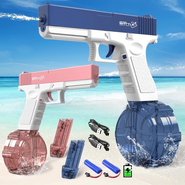 Elektriska vattenpistoler 2-pack - Uppladdningsbara automatiska sprutpistoler med 4 magasin | 32 FT Range Spray Blaster-leksak för sommarstrandpool för vuxna pink