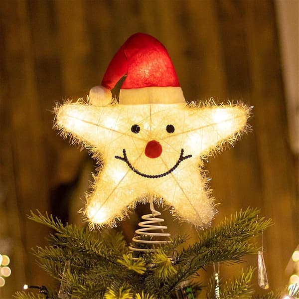 Juletræstopstjerne med ansigt og julehat LED-belyst topstjerne til juletræ