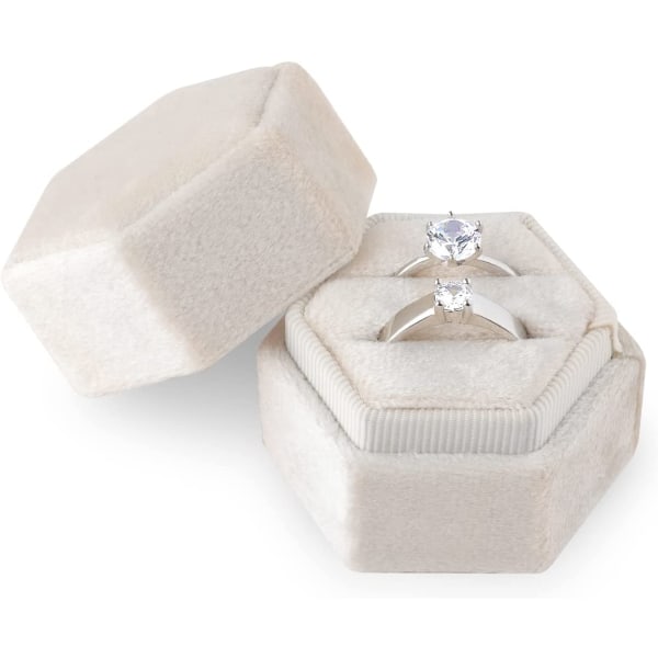 Sammetsringask för smycken, dubbel hexagonformad ask, beige