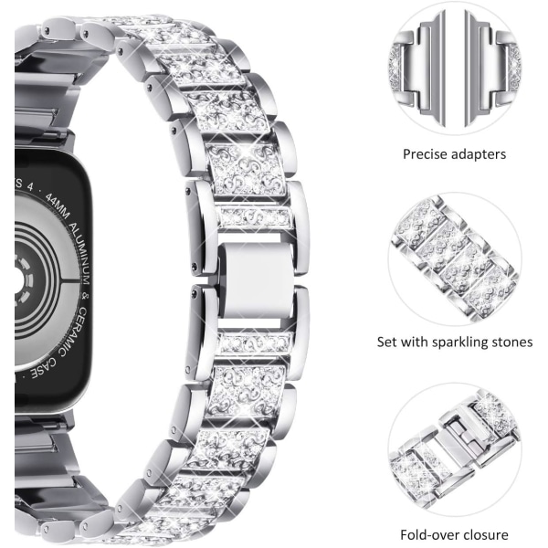 Kompatibel med Apple Watch-rem 42 mm 44 mm 45 mm, Glitrende Bling-krystall for kvinner i rustfritt stål Link Armbånd erstatningsbånd for iwatch-serien silver 42/44/45/49MM