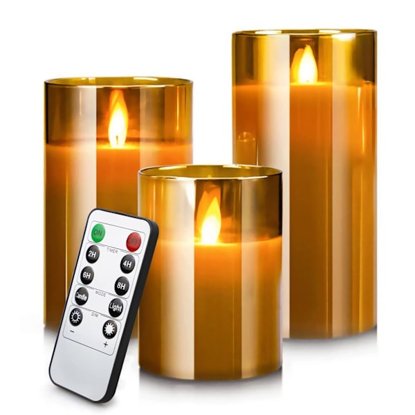 LED-ljus, flamlösa ljus, med inbäddad stjärnljusslinga med 10-tangenters fjärrkontroll och cyklisk 24-timmars timer, set om 3, äkta vax, batteridriven brun