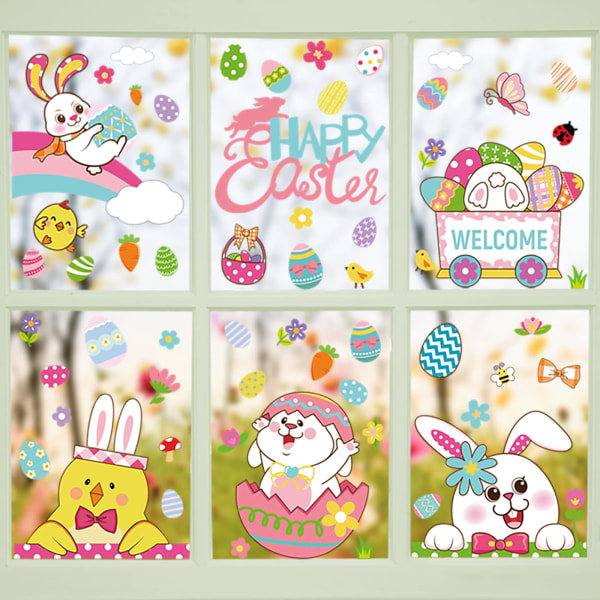 Easter Decorations Window Stickers, 6 Sheets Easter Window Stickers Reusable, Happy Easter Rabbit Egg Chick Spring Elements Window Clings