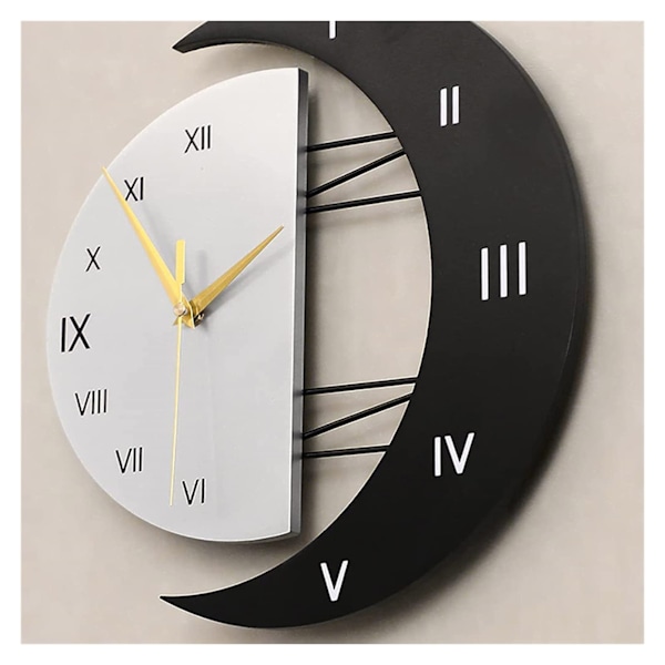 Väggklocka Stor Tyst Modern Design Måne Form Romerska Siffror Kvarts Väggklocka för Vardagsrum Sovrum Kök (31x32)