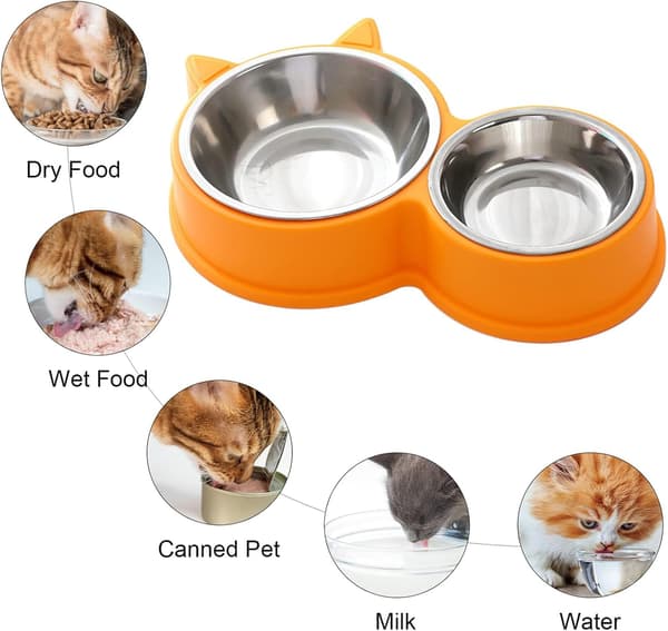 Set med dubbla kattmatskålar i rostfritt stål, halkfri bas, diskmaskinsäker - för torr- och våtfoder, söt kattdesign (Gul)