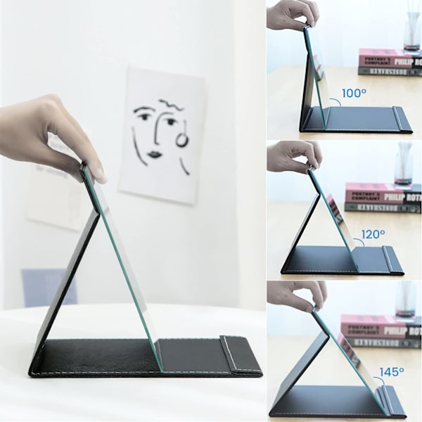16x12cm Bærbar Foldbar Spejl, Super HD Kompakt Makeup Spejl, Sort PU Læder Rejse Spejl, Fritstående Forfængelighedsspejle