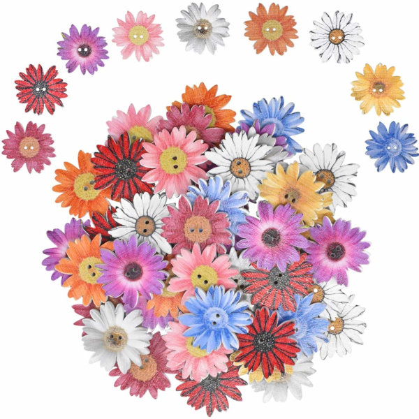 50 STK Blomsterknapper av tre 25mm Retro Søte Blandede knapper