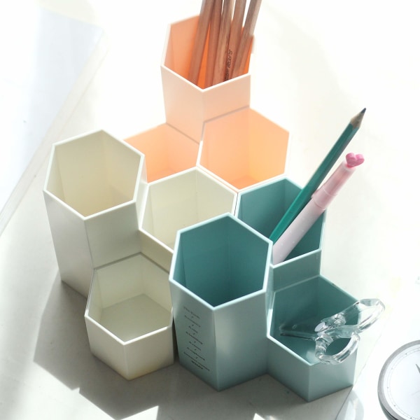 Creative Multifunction Hexagon Makeup Brush Vase Brush Pot Pen Holder Stationery Storage Pen Container Desk Decoration (Pink)