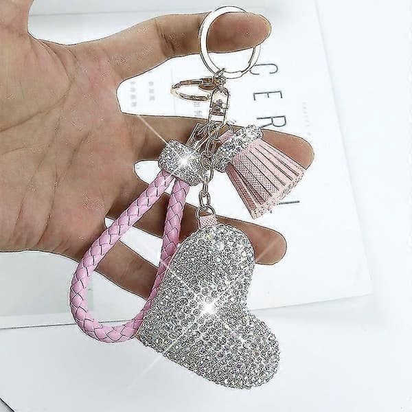 Bling nøglering til bil og tasker, hjerteformet rhinstensnøglering med kvast og håndledsrem (pink)