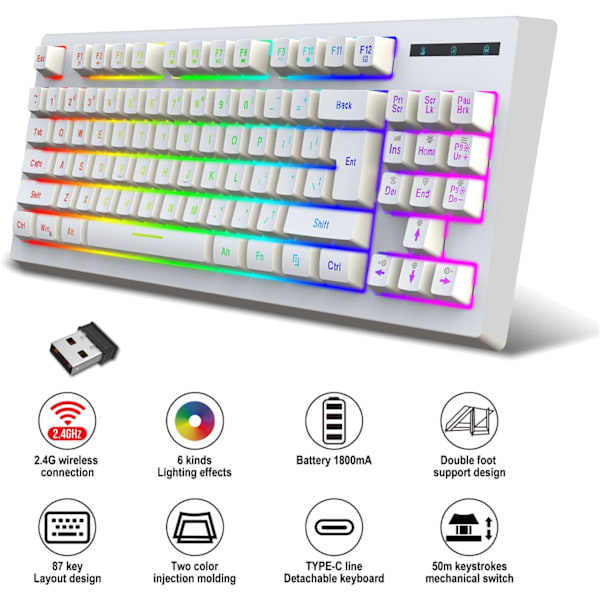 Spel tangentbord 87 tangenter 2.4G trådlös RGB termisk överföring 1800mAh / Windows kompatibel för arbetsdator och hemspel trådlöst tangentbord (vit) white