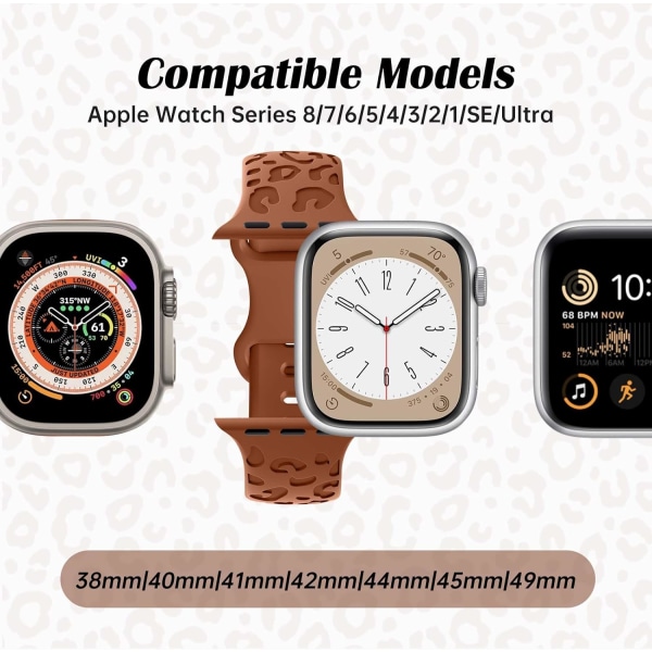 Leopard Print -pehmeä silikoniranneke, joka on yhteensopiva Apple Watch rannekkeiden kanssa 42 mm 44 mm 45 mm 49 mm naiset, miehet, vaihtokellon ranneke iWatch-sarjaan brown 42/44/45/49MM