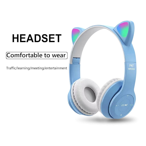 Kattöronhörlurar Trådlöst Gaming Headset med Stereo Bas Inbyggd Mikrofon & Anpassningsbar Belysning och Effekt (blå+vit) blue+white