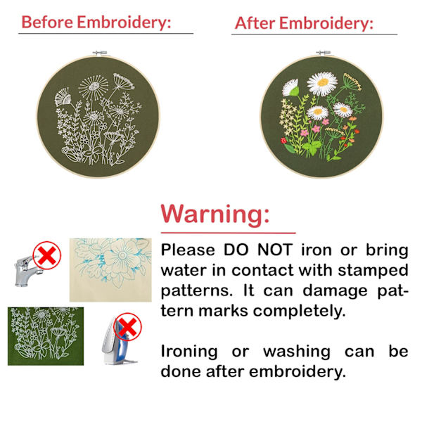 Broderiset for DIY-broderi Startsett for voksne nybegynnere - Stemplet blomstermønster med instruksjoner, tråder og nåler