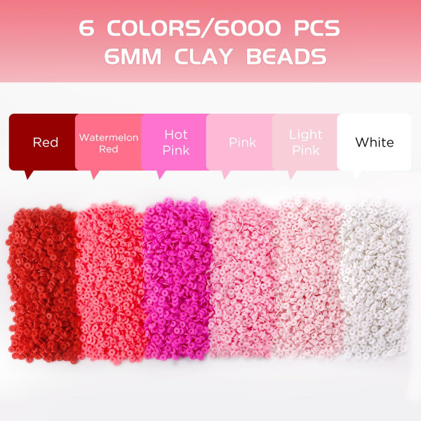 6000 stk. Flat Clay Beads Pink, Clay Beads til armbåndsfremstilling, Heishi Beads Polymer Clay Beads kit til smykkefremstilling (6 mm)