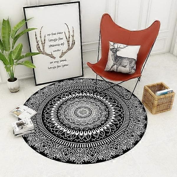 Rundt Tæppe 100cm Sort Mandala Blødt Badeværelsestæppe Skridsikkert Vaskbart Accent Kast Fluffy Gulvmåtte til Entré