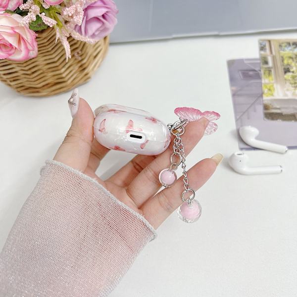 Kompatibel med AirPods 1&2 Fodral för Kvinnor Flickor, Sött Rosa Fjäril Skal Design Mjuk TPU Fodral med Nyckelring Anti-damm Stöttålig Skyddande Skal