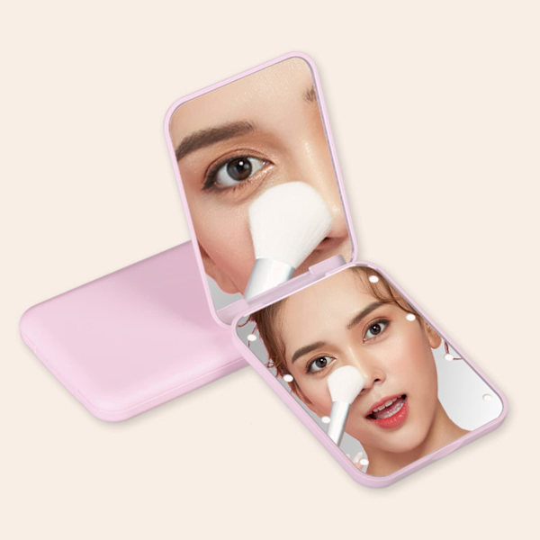 Lommespejl med LED-lys,   oplyst rejsespejl til pung, håndtaske, lomme, håndholdt 2-sidet makeupspejl. (Pink)