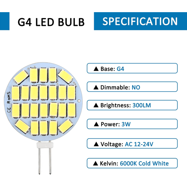 G4 LED 3W, AC12-24V, 300LM Cool White 6000K, 24x5730 SMD 6-pakning