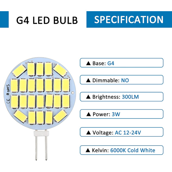 G4 LED 3W, AC12-24V, 300LM Kallt vitt 6000K, 24x5730 SMD 6-pack