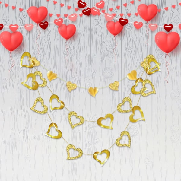 3x Gör-det-själv alla hjärtans dag-banners, hjärtpappersgirland, Valentines Bunting-banderollsnöre för festbröllopsduschjubileum, guld