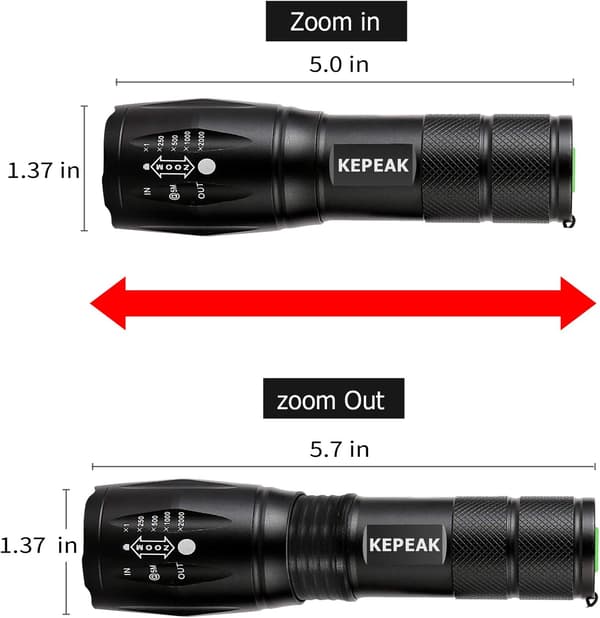 LED-lommelykt, 5 moduser, taktisk, IPX5 vanntett