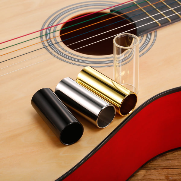4 stk. Glasslide og messing slide i æske til guitar, bas (6 cm)