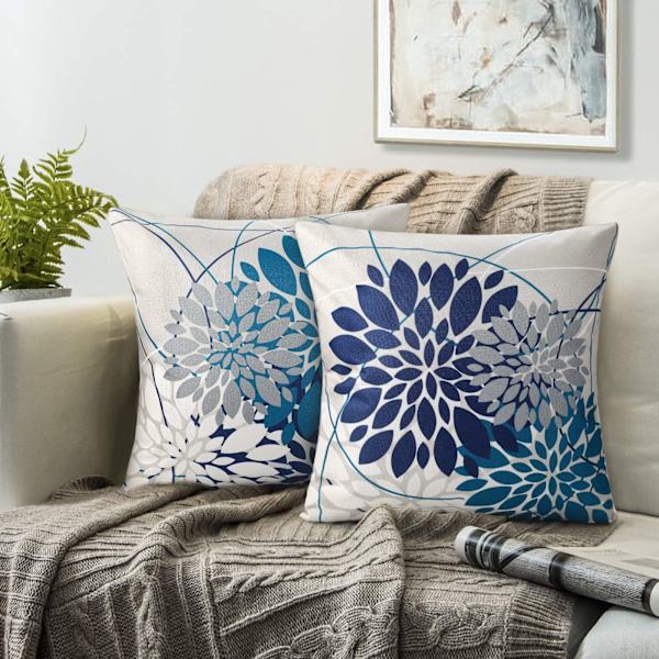 45x45 Utendørs Pute Sommer Høst Geometri Blomster Dekorativ Pute Elegant Putetrekk Marineblå og Teal Dekor Sofa Pute Sett med 2