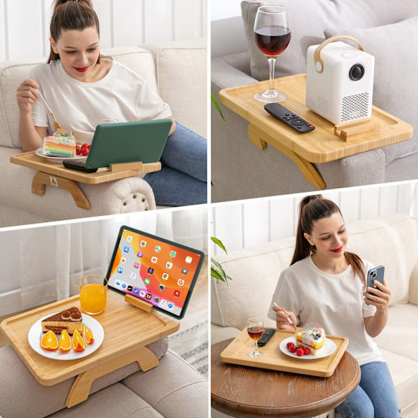 Bambus Sofa Arm Bakke Bord med Roterende Mobilholder
