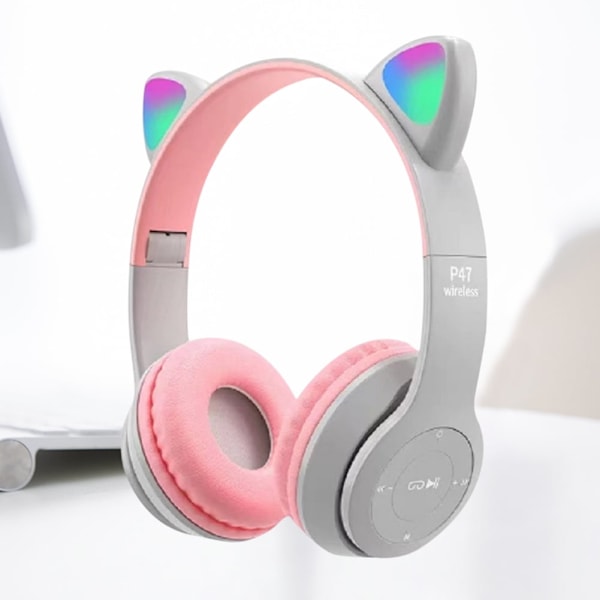 Kattøre Hovedtelefon Trådløs Gaming Headset med Stereo Bass Indbygget Mikrofon & Tilpasset Belysning og Effekt (pink+grå) pink+gray