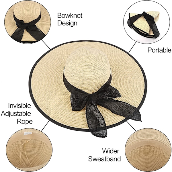 Dame Solhatt av Halm, Stor Bred Bremm UPF 50+ (Beige)