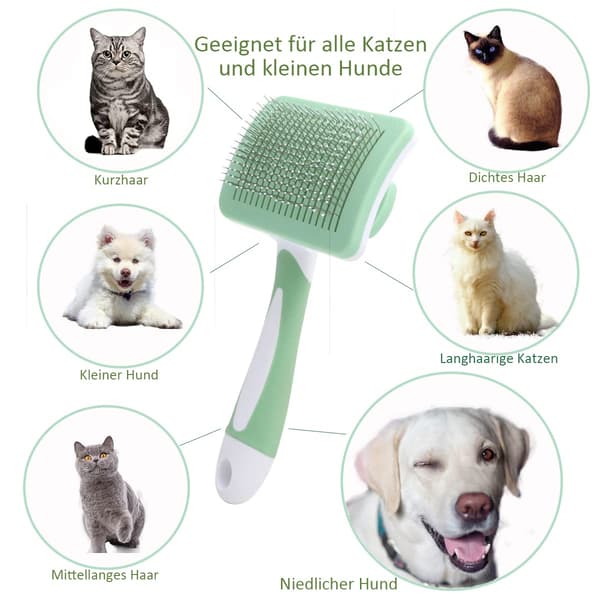 Katte- og kæledyrsbørste, selvrensende, underuldsfjerner, til hund, kat, kort til langt hår, velegnet til milde katte (grøn)
