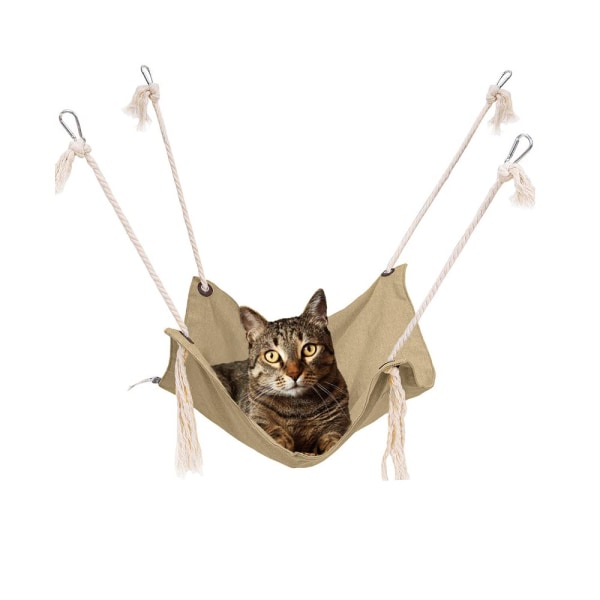 Kattehængekøje, åndbar kæledyrsbur-hængekøje, kattehængeseng med metalkarabinhager og kvaster, kattehængekøje til bur (khaki)