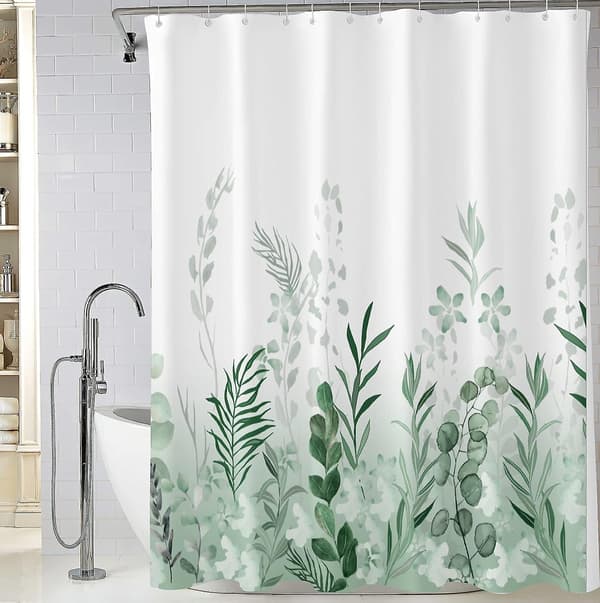 180 x 200 cm Blå Polyester Stof Bruseforhæng, Jomfruelig Skov, Eng, Grønne Planter, Akvarel E