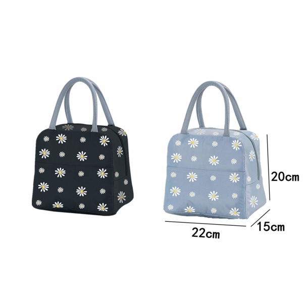 Isoleret frokostpose, bærbar termisk frokostpose køletaske Daisy mønster frokostboks arrangør tote taske arbejde skole picnic camping rejse (sort)