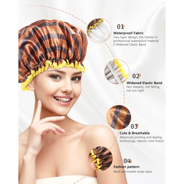 Stor dusjhette for menn og kvinner, Oversized vanntett dusjhette, Gjenbrukbar, Vaskbar, Golden Stripes Fashionable Shower Cap X-Large Pakke med 1