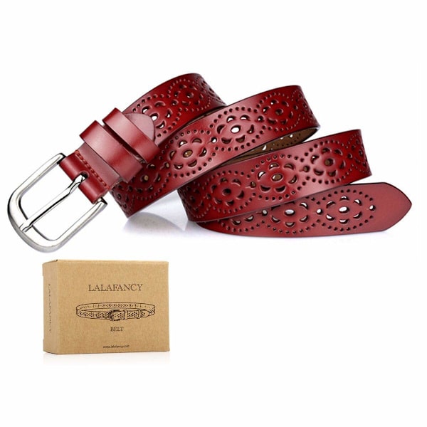 Läderbälte Mode ihålig blomma design Dam bälte red