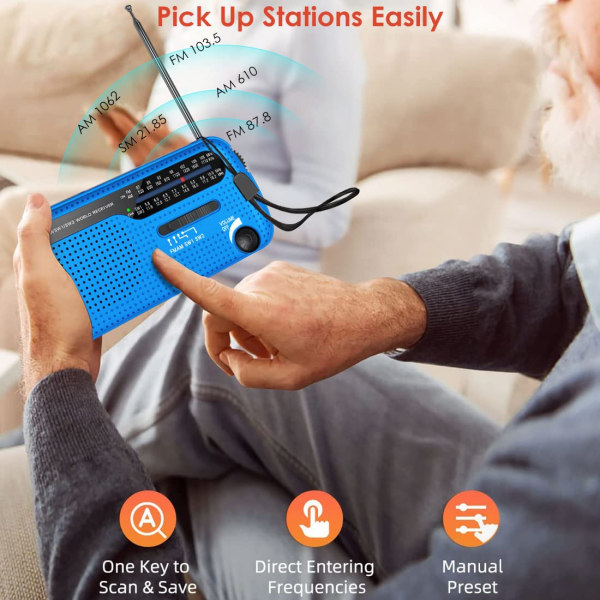 Uppdragbar radio, handvev solradio, bärbar överlevnadsnödradio AM/FM/SW med USB-telefonladdare, batteriradio, dynamoradio med ficklampa
